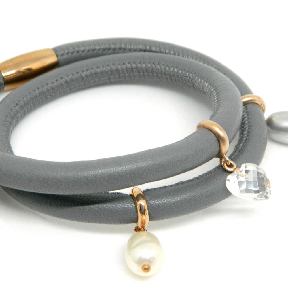ENDLESS Grey Leather Double 4 Charm Bracelet 6.5"
